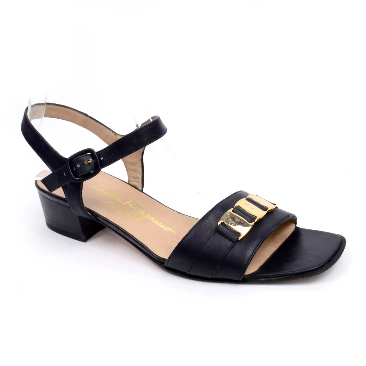 1980s Ferragamo Demi Style Vintage Black Leather Ankle Strap Sandals 7.5