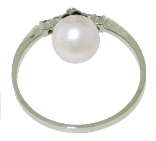 2.1 Carat 14K Solid White Gold Ring Natural Diamond Dangling Pearl