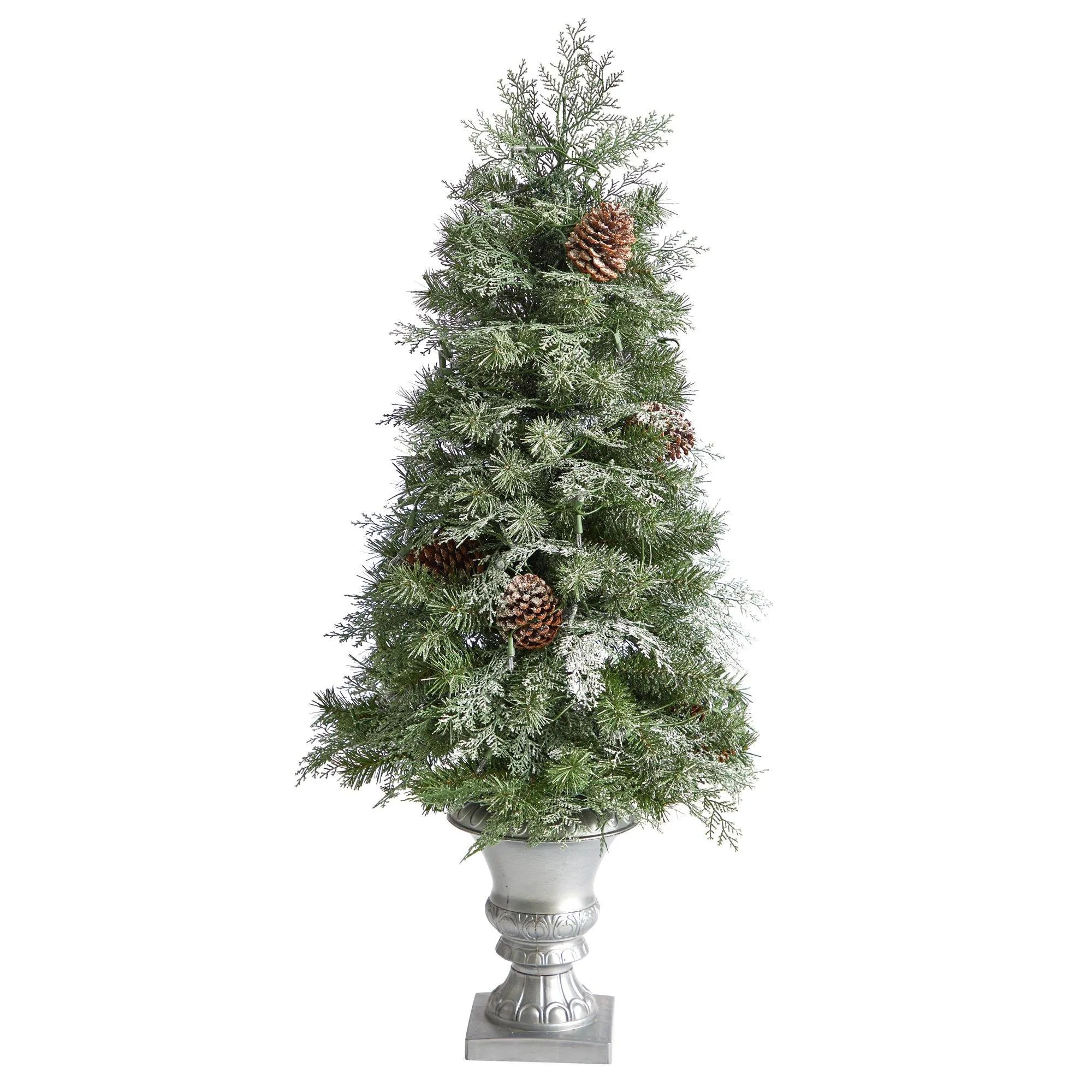 4’ English Pine Tree with 100 Warm White LED Lights and 413 Bendable Branches in Decorative Urn