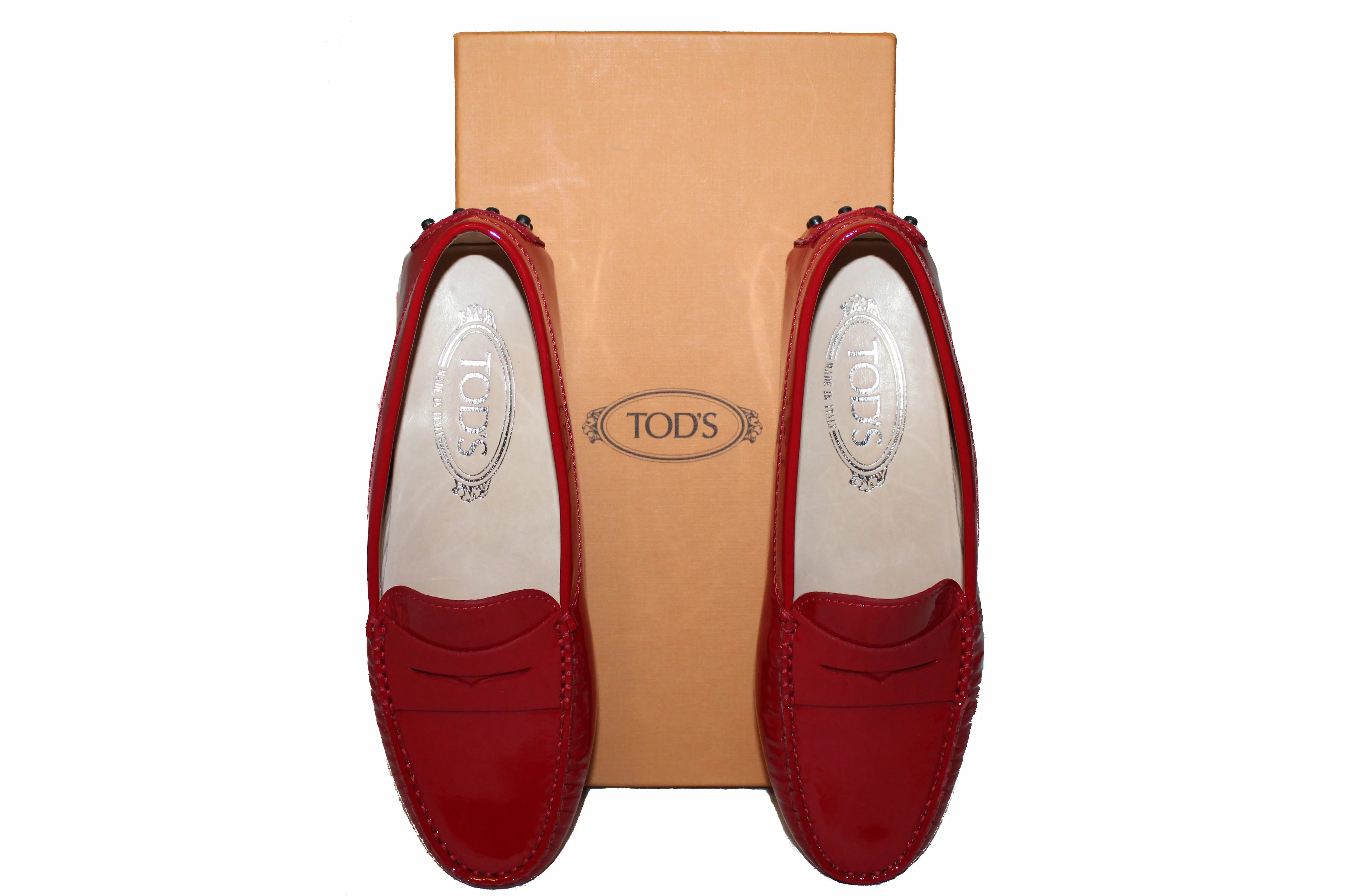 Authentic New Tod's Red Patent Leather Gommini Mocassino Loafers Women's Size 35.5