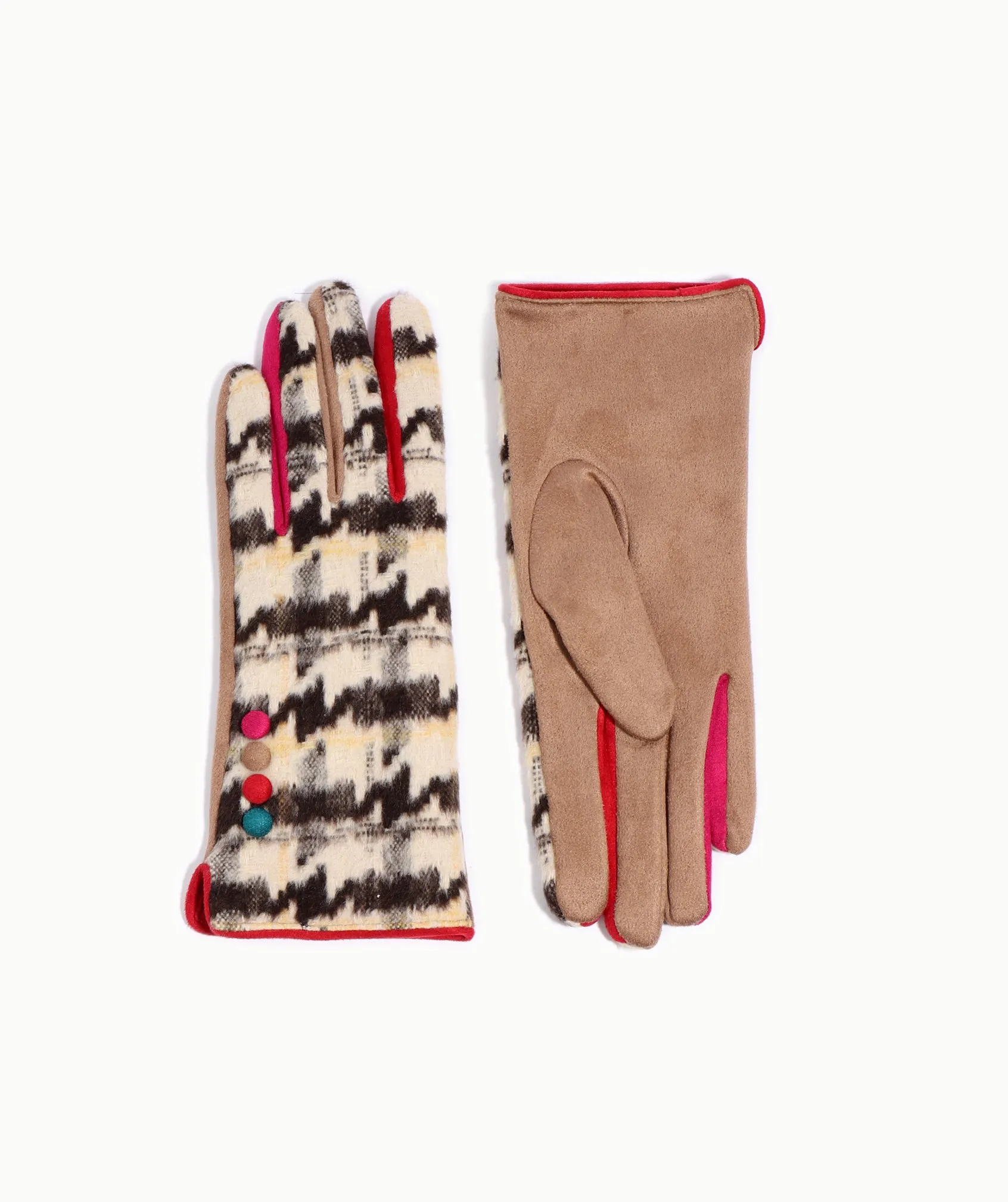 Beige Black Faux Suede Houndstooth Gloves with Red Trim