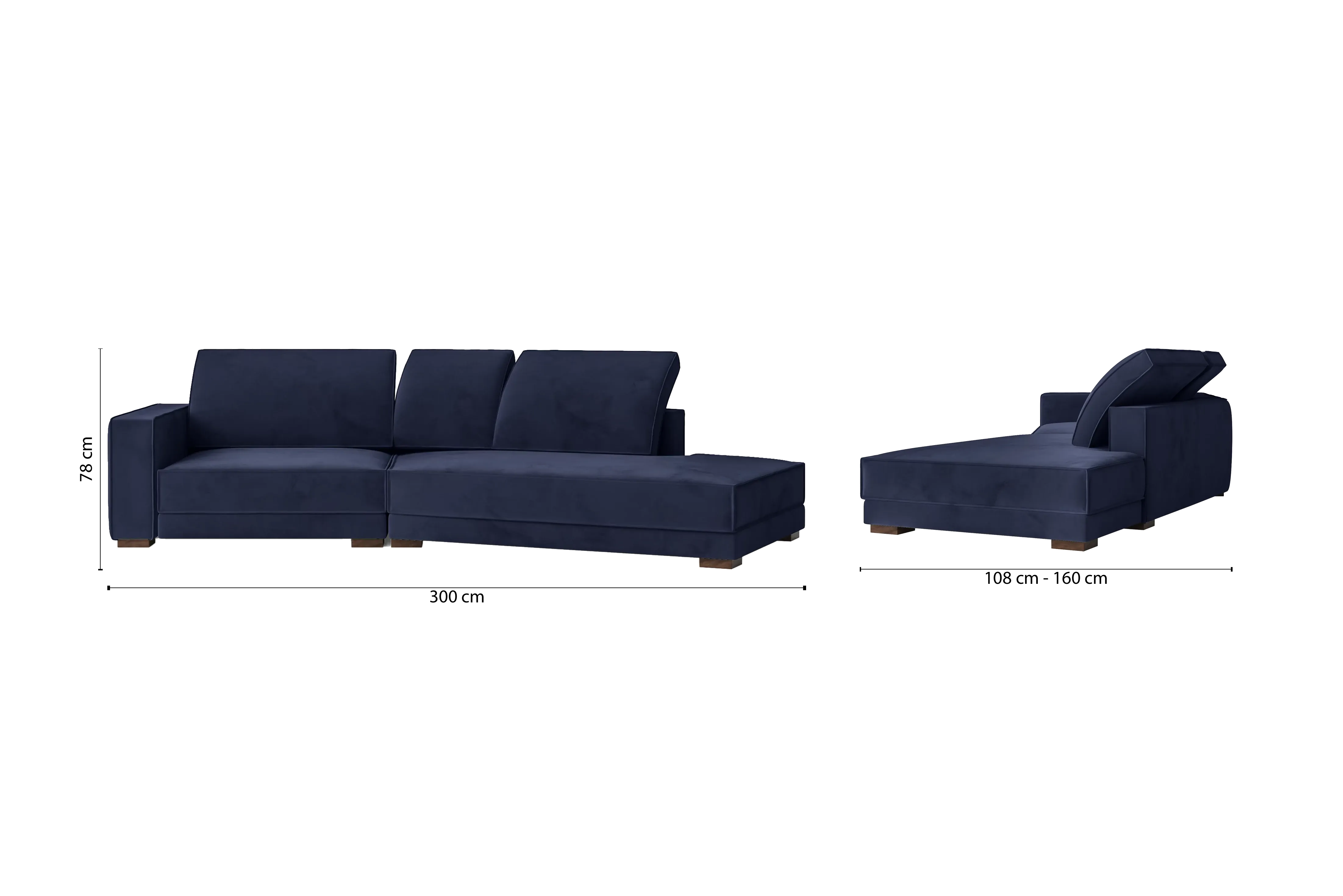 Bolzano 3 Seater Right Hand Facing Chaise Lounge Corner Sofa Dark Blue Velvet