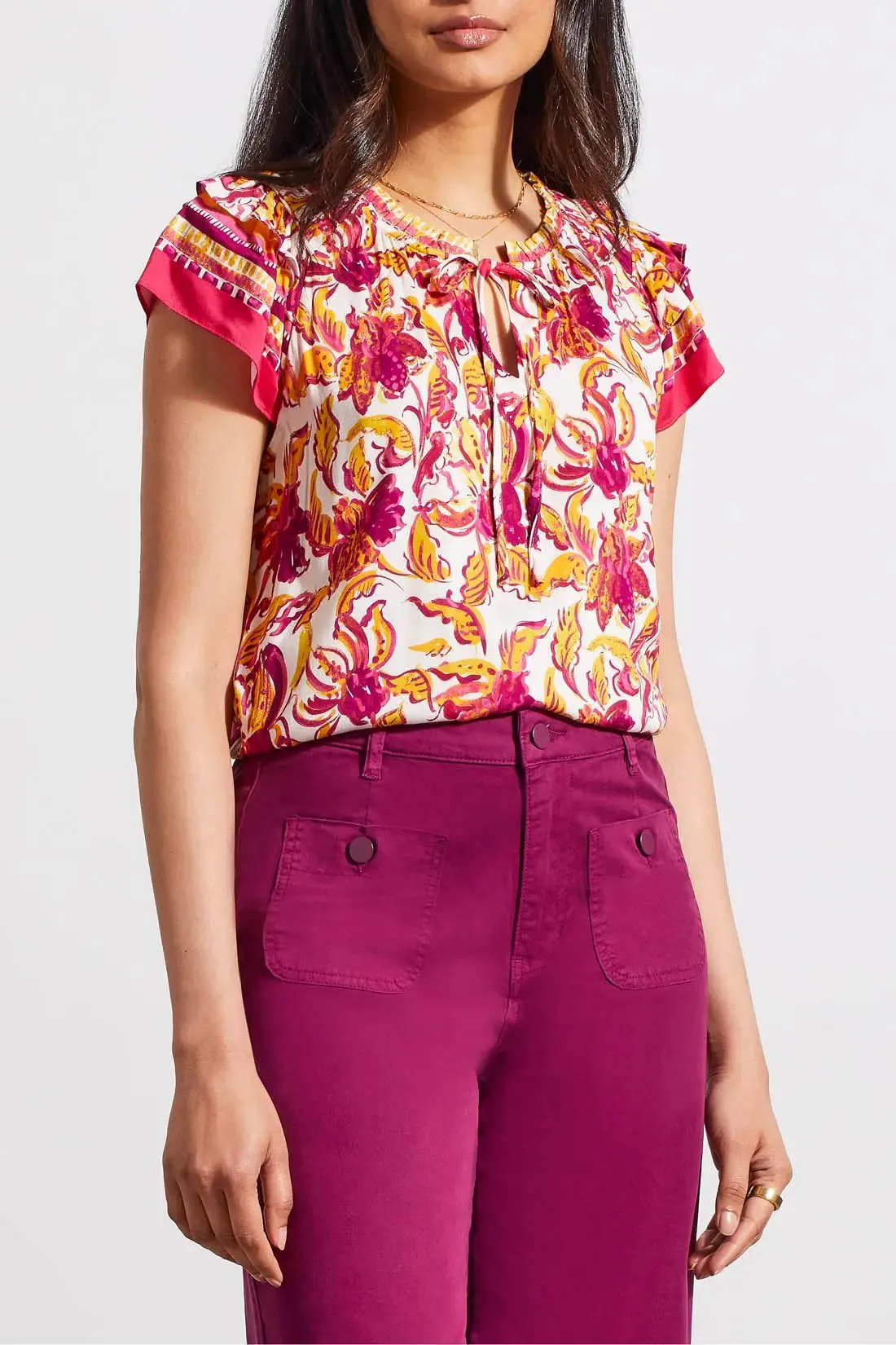 Border Print Blouse with Frill