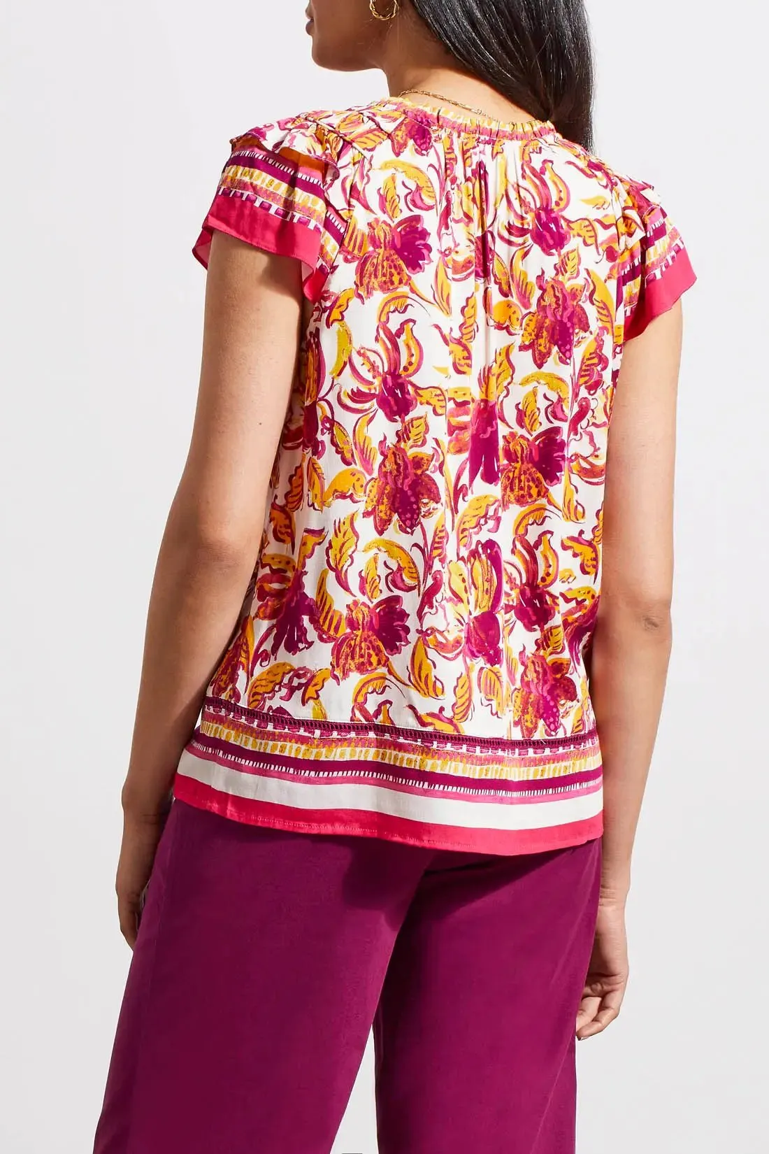 Border Print Blouse with Frill