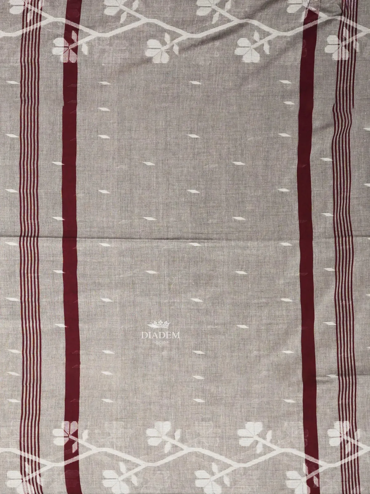 Burgundy Linen Cotton Saree with Floral Designs on the Body with Designed Border