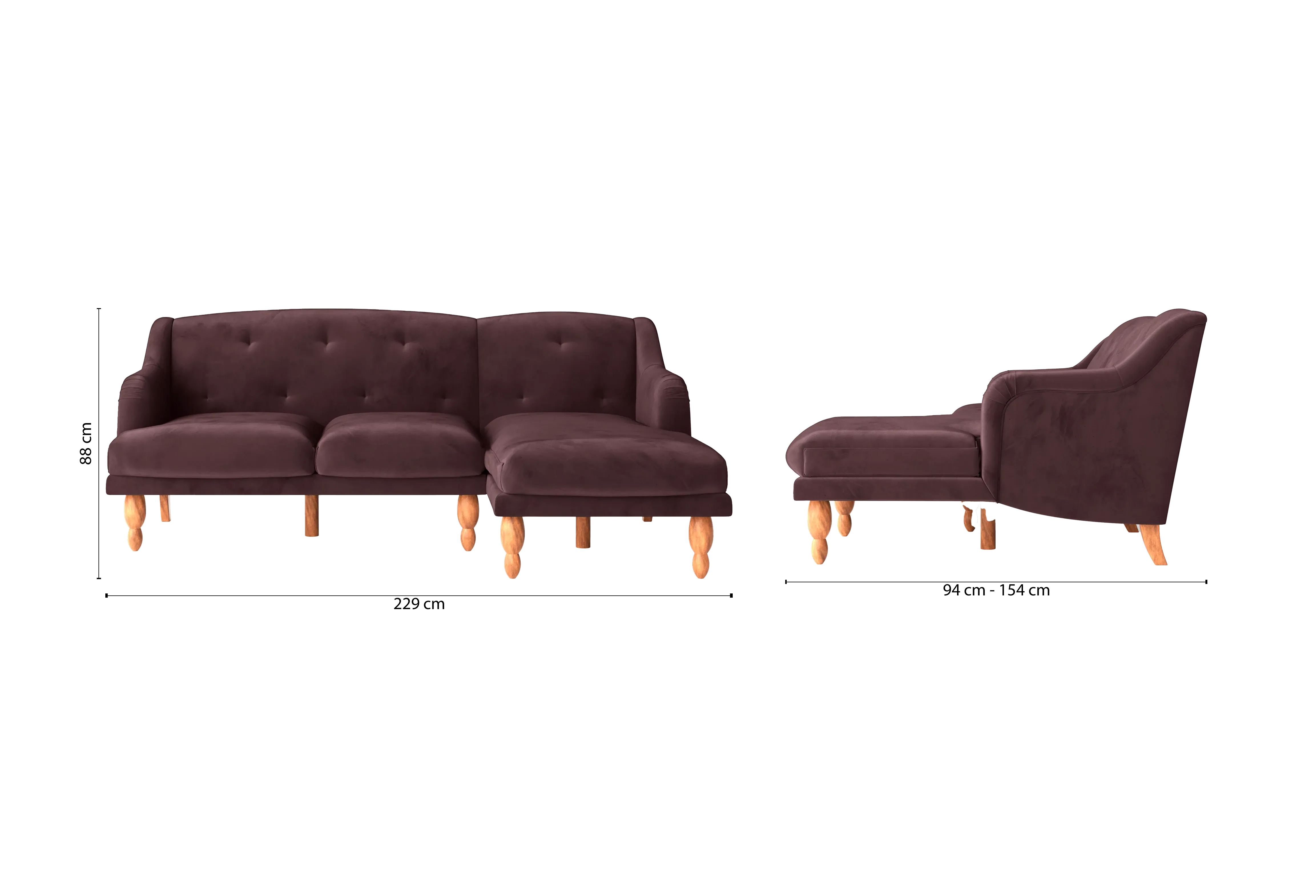 Burlington 3 Seater Right Hand Facing Chaise Lounge Corner Sofa Grape Velvet