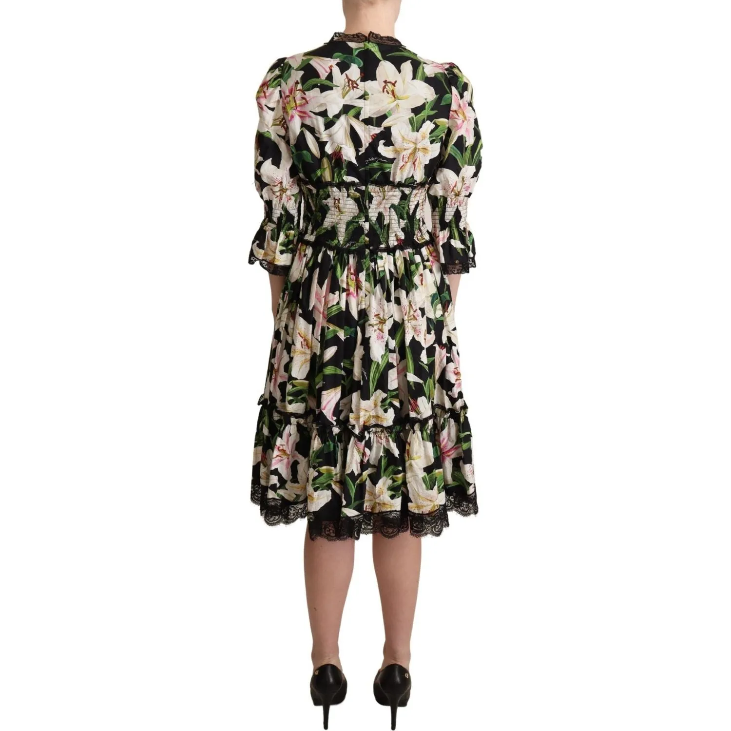 Dolce & Gabbana Elegant Lily Print Midi Dress with Lace Trim