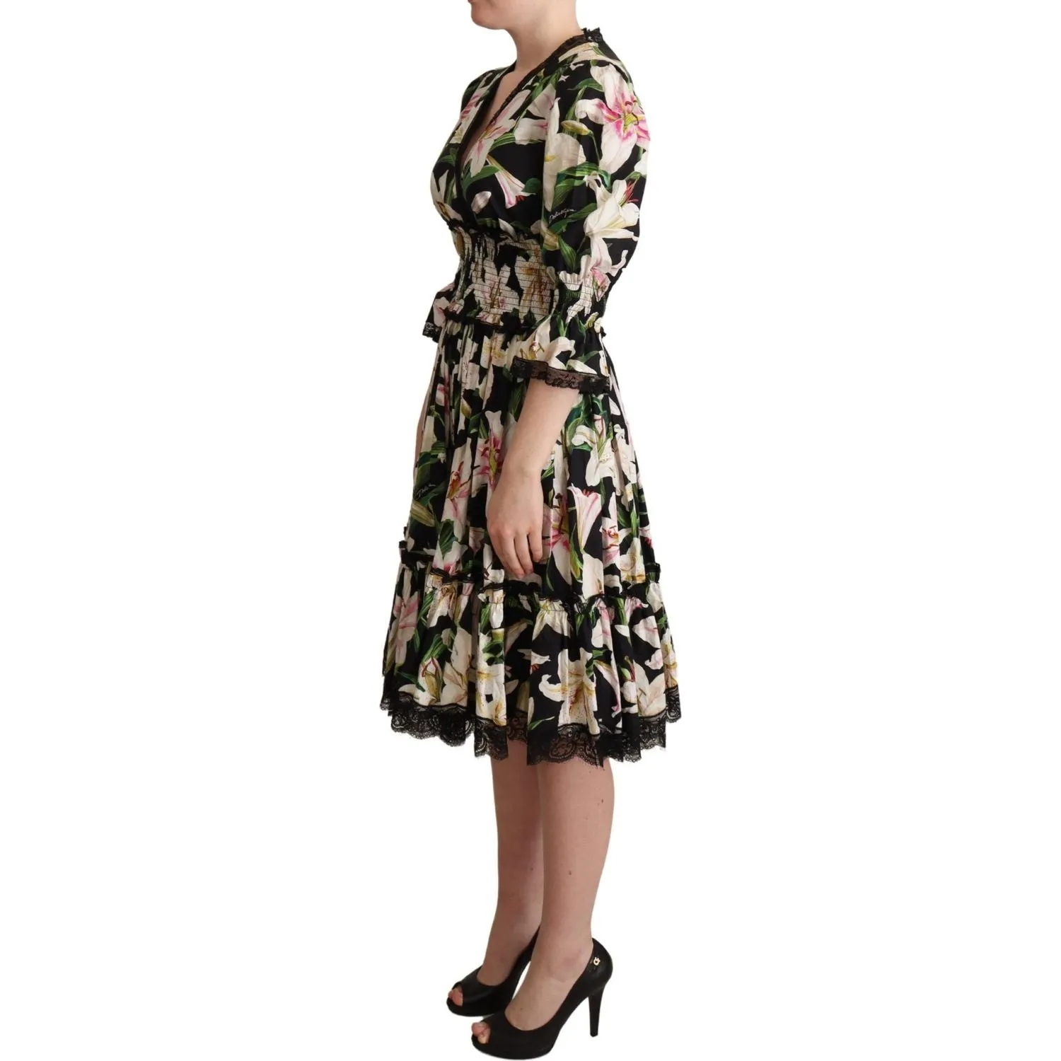 Dolce & Gabbana Elegant Lily Print Midi Dress with Lace Trim