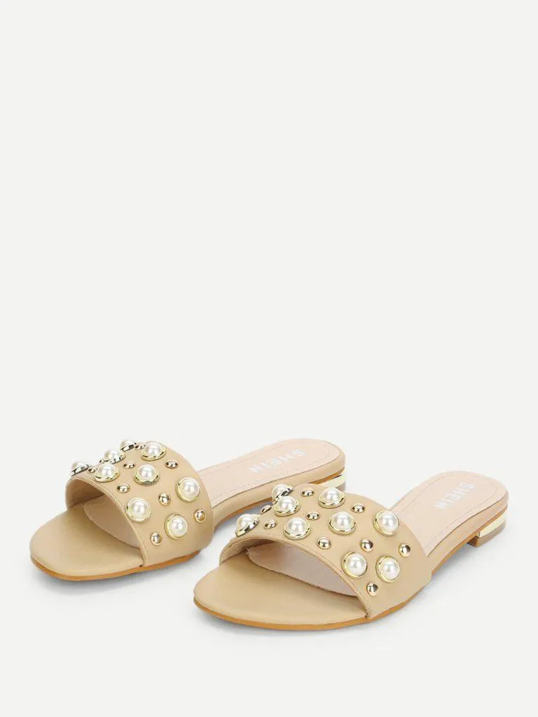 Faux Pearl & Studded Flat Slides