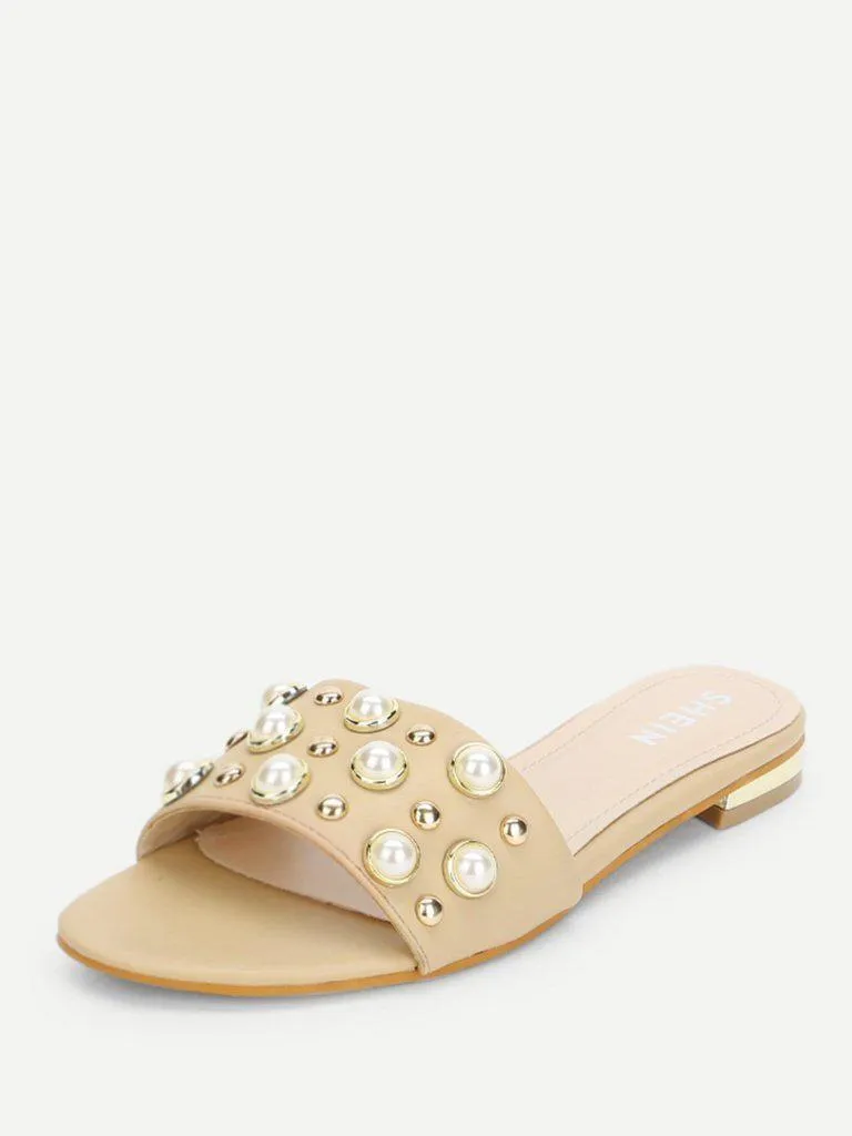 Faux Pearl & Studded Flat Slides