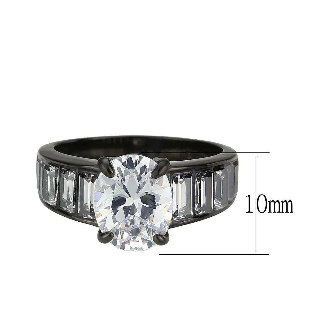 IP Black (Ion Plating) Stainless Steel Ring with AAA Grade CZ in Clear for Women Style TK3778