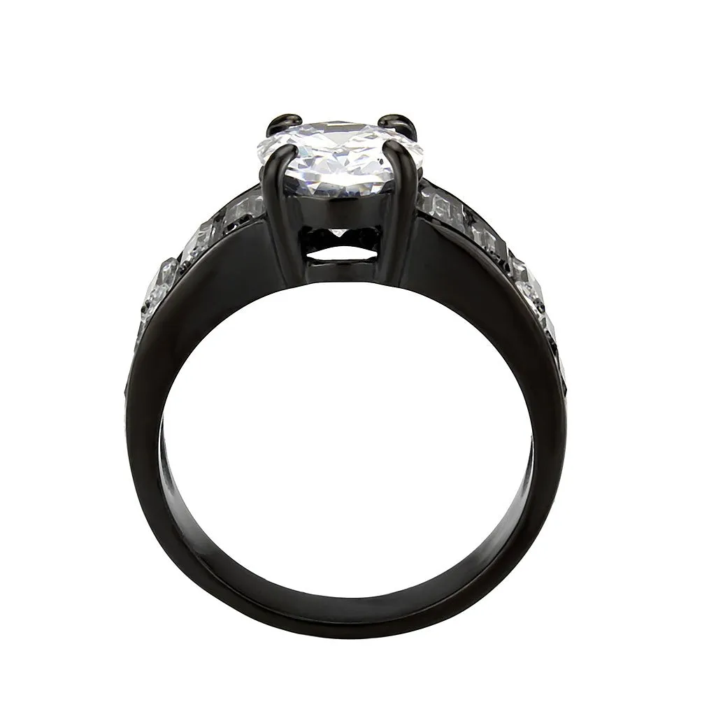 IP Black (Ion Plating) Stainless Steel Ring with AAA Grade CZ in Clear for Women Style TK3778