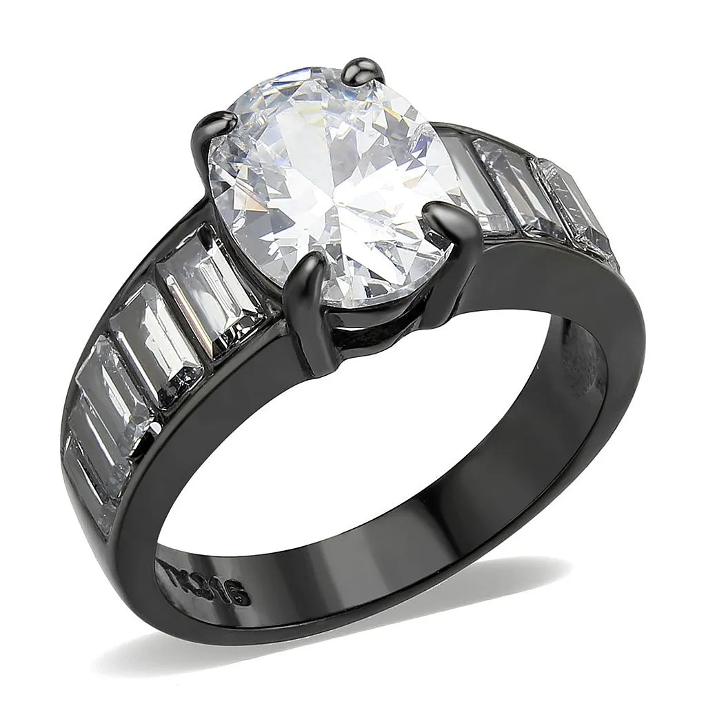 IP Black (Ion Plating) Stainless Steel Ring with AAA Grade CZ in Clear for Women Style TK3778