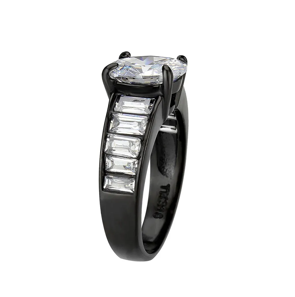 IP Black (Ion Plating) Stainless Steel Ring with AAA Grade CZ in Clear for Women Style TK3778