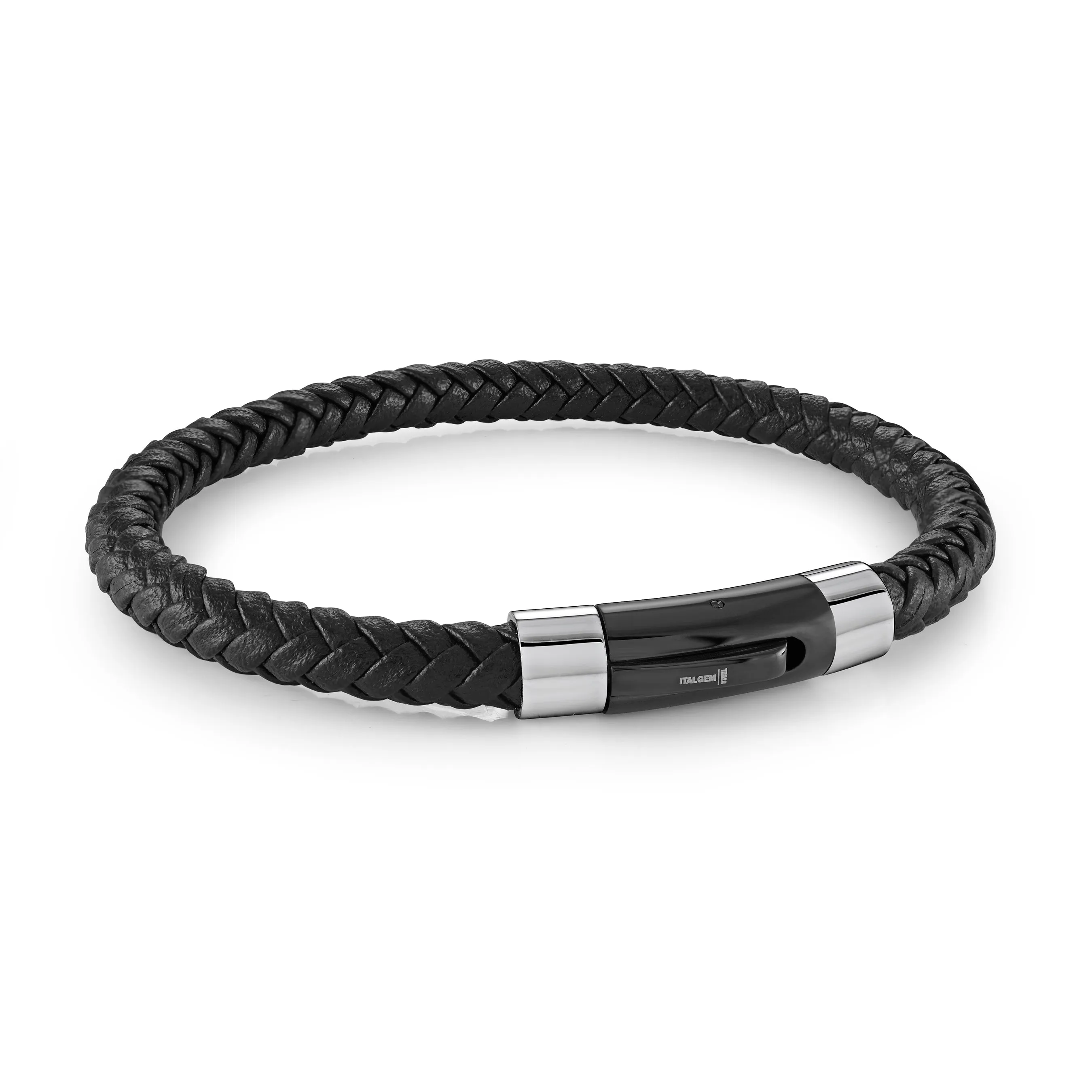 Italgem Men's 8.25" Steel Black Leather Bracelet