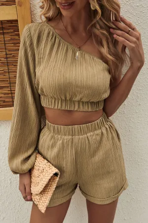 Khaki Crop Top and Shorts Ensemble