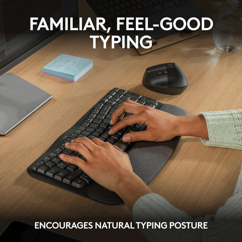 Logitech Wave Keys Wireless Ergonomic Keyboard with Cushioned Palm Rest, Comfortable Natural Typing, Easy-Switch