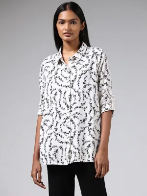 LOV Off White Floral Blended Linen Shirt