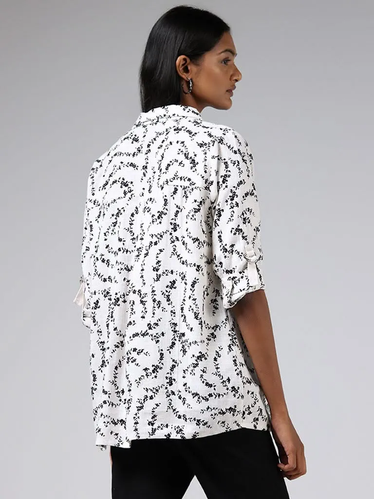 LOV Off White Floral Blended Linen Shirt