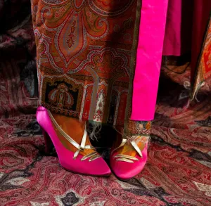 Manolo Blahnik Pink Silk and Lamé Lace-up Heels