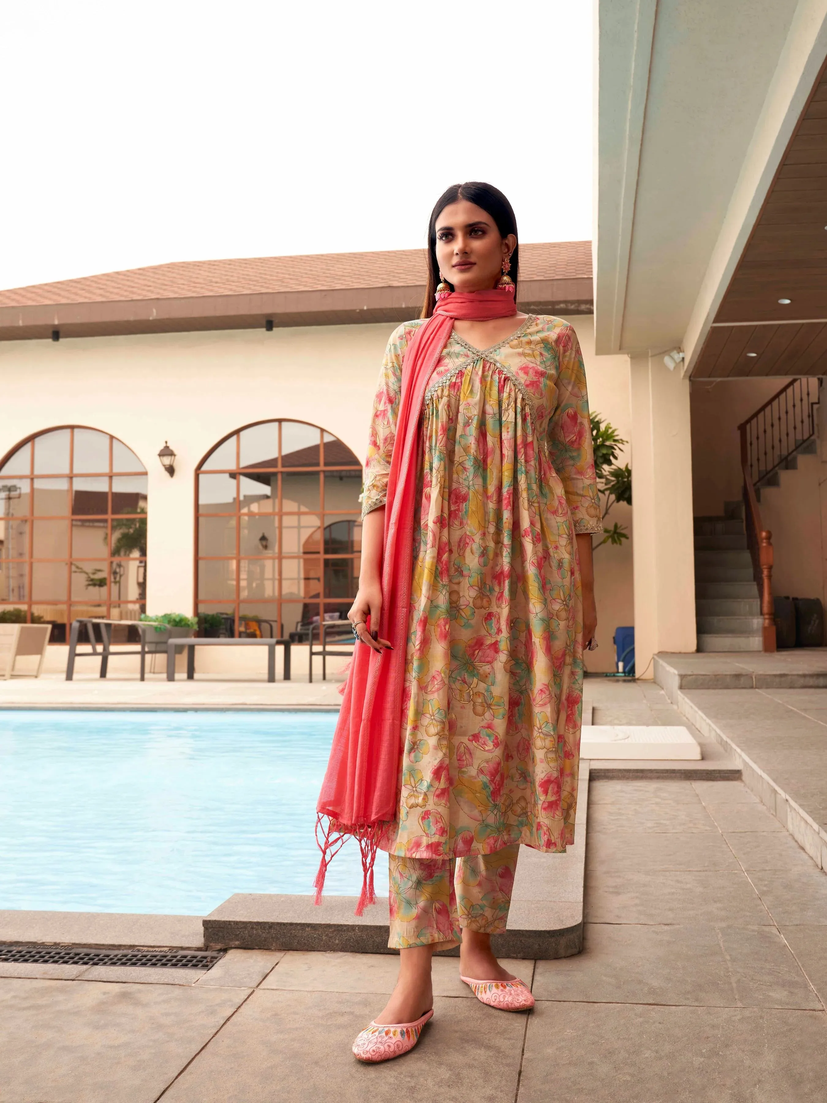 Multi Color Floral Print and Lace Detailing Suit Set with Dupatta