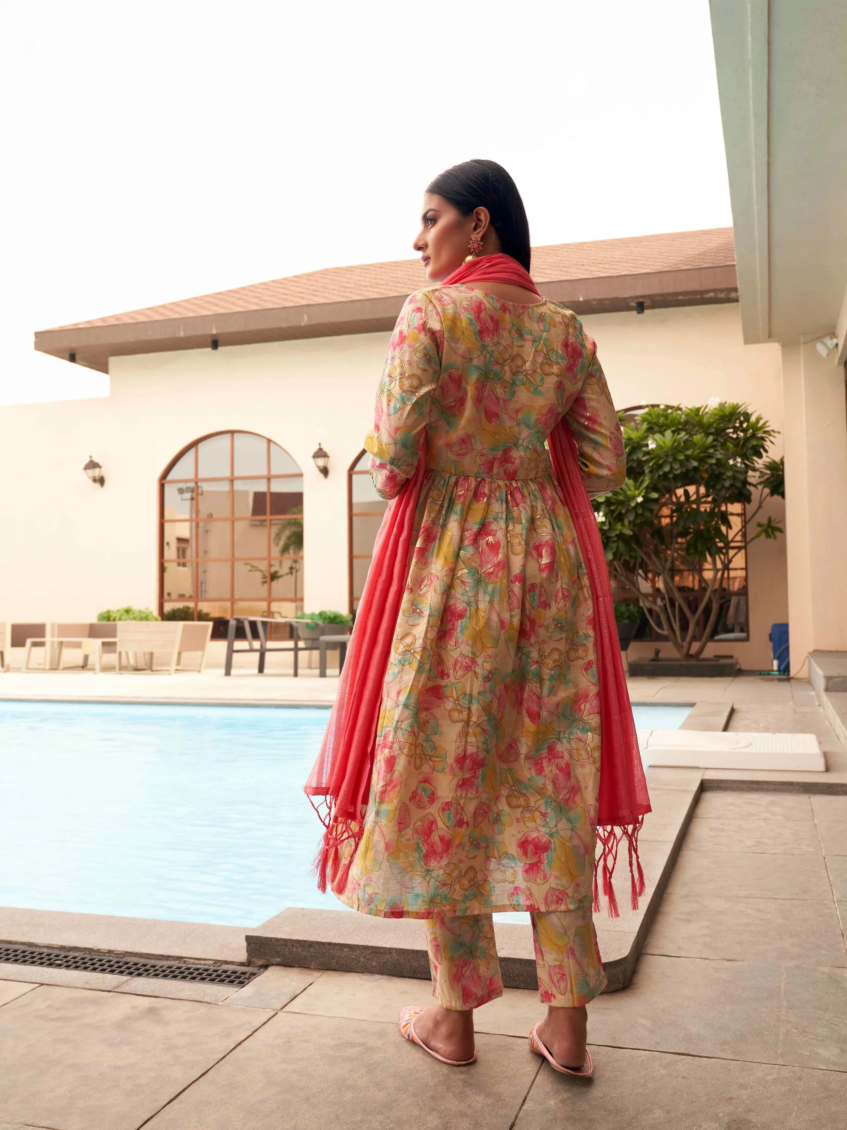 Multi Color Floral Print and Lace Detailing Suit Set with Dupatta