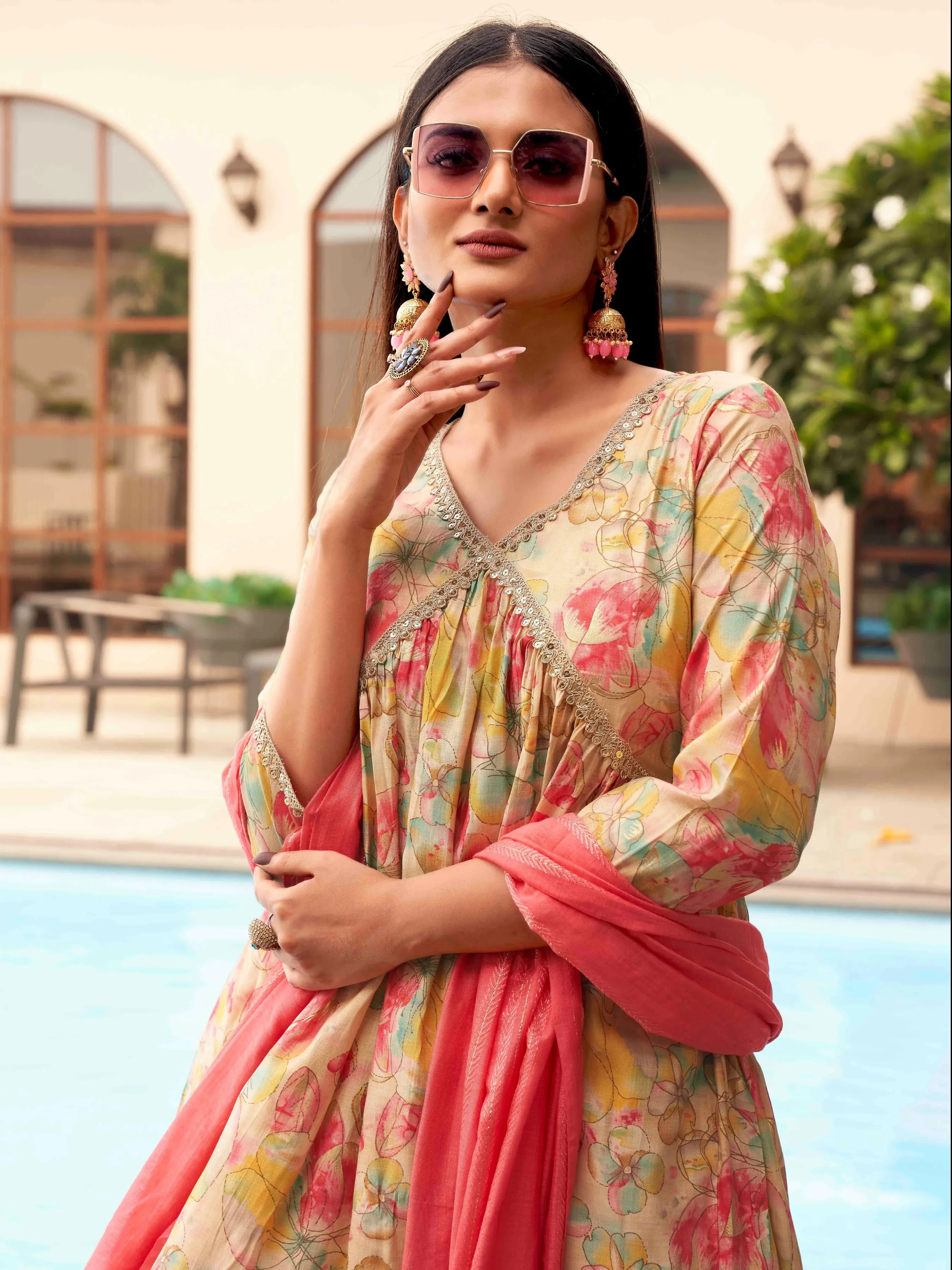 Multi Color Floral Print and Lace Detailing Suit Set with Dupatta