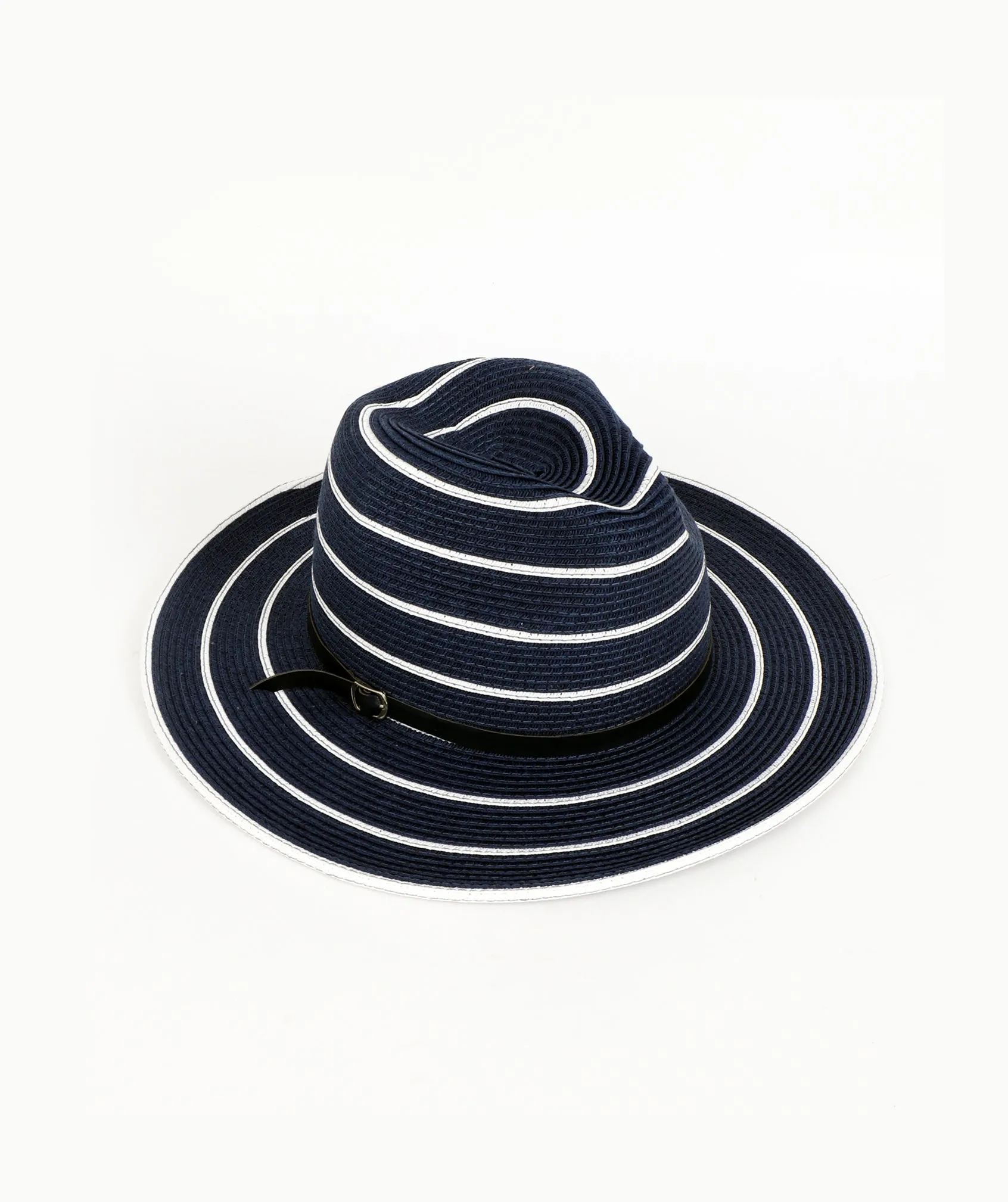 Navy and White Stripe Straw Fedora with Metallic Design