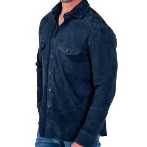 Navy Blue Suede Leather Button-Up Shirt Men's