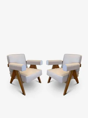 Pair Of Pierre Jeanneret 1960 Capitol Complex Armchair in Teak with Cenere Fabric by Cassina