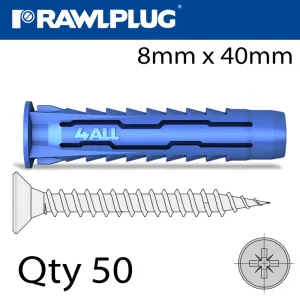 RAWLPLUG UNIVERSAL NYLON PLUG SCREWS 8MMX40MM X50-BOX RAW 4ALL-08 5060