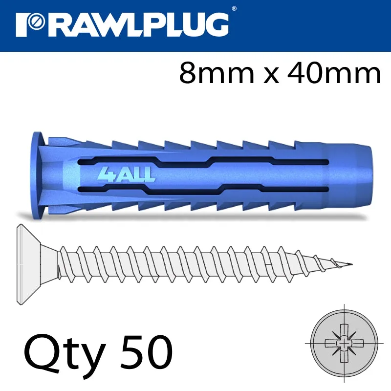 RAWLPLUG UNIVERSAL NYLON PLUG SCREWS 8MMX40MM X50-BOX RAW 4ALL-08 5060