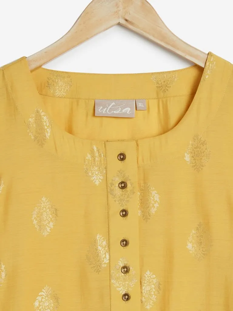 Utsa Yellow Ethnic Print High-Low Kurta