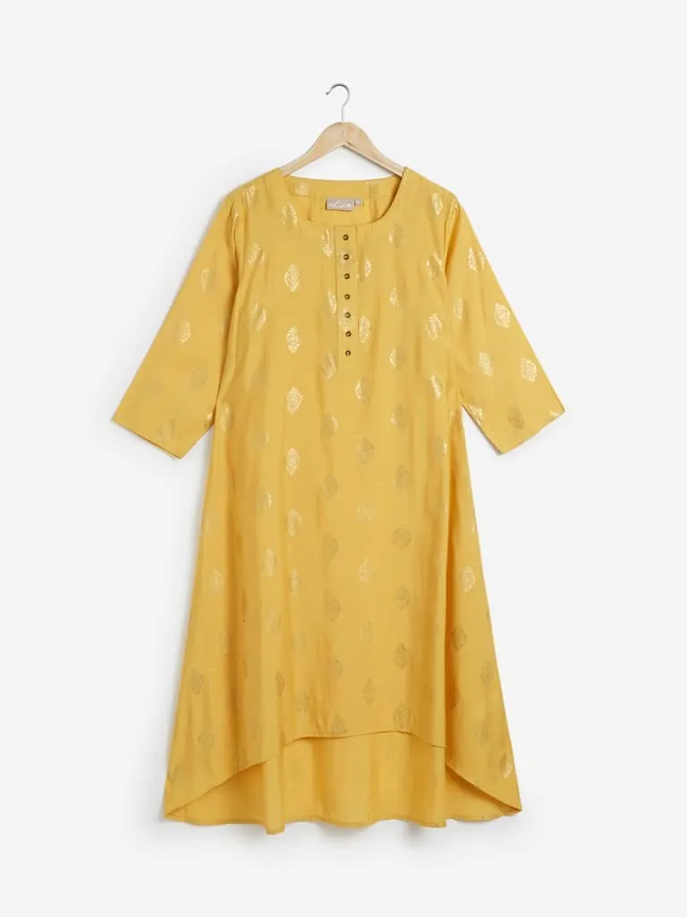 Utsa Yellow Ethnic Print High-Low Kurta