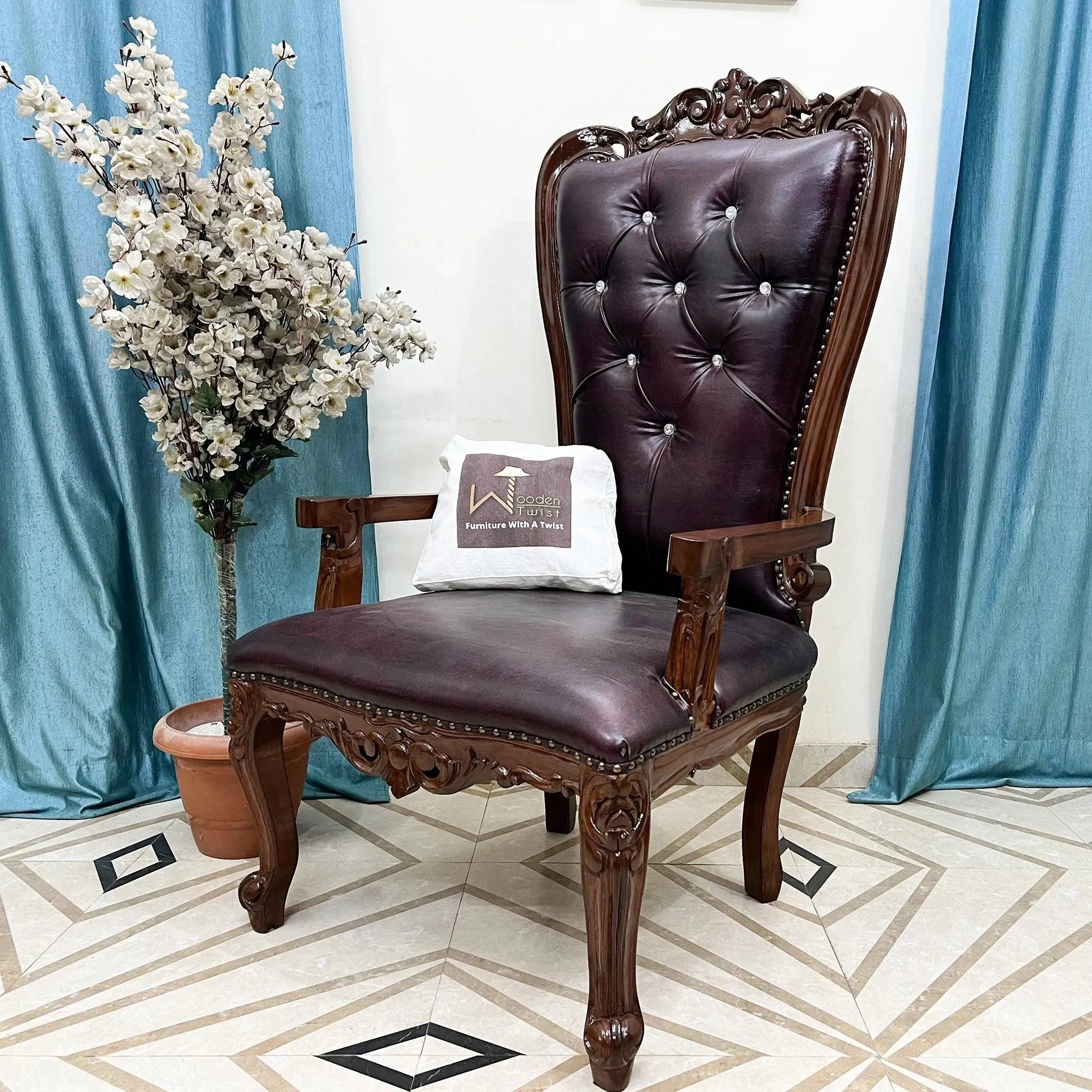 Wooden Twist Luxurious Hand Carved Teak Wood High Back Throne Chair