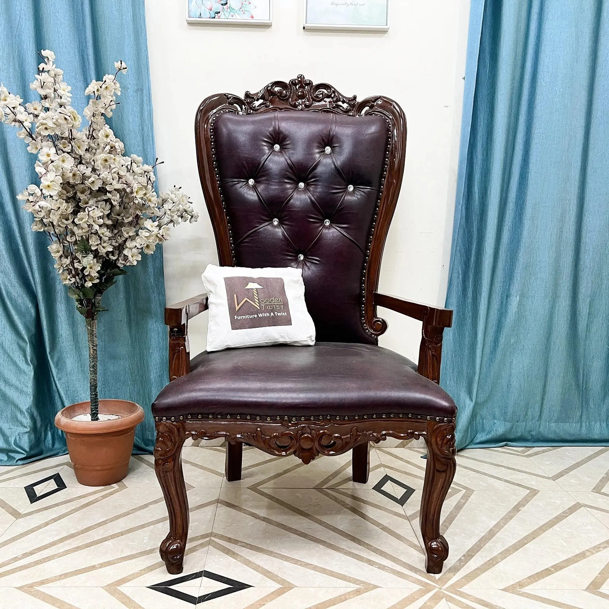 Wooden Twist Luxurious Hand Carved Teak Wood High Back Throne Chair