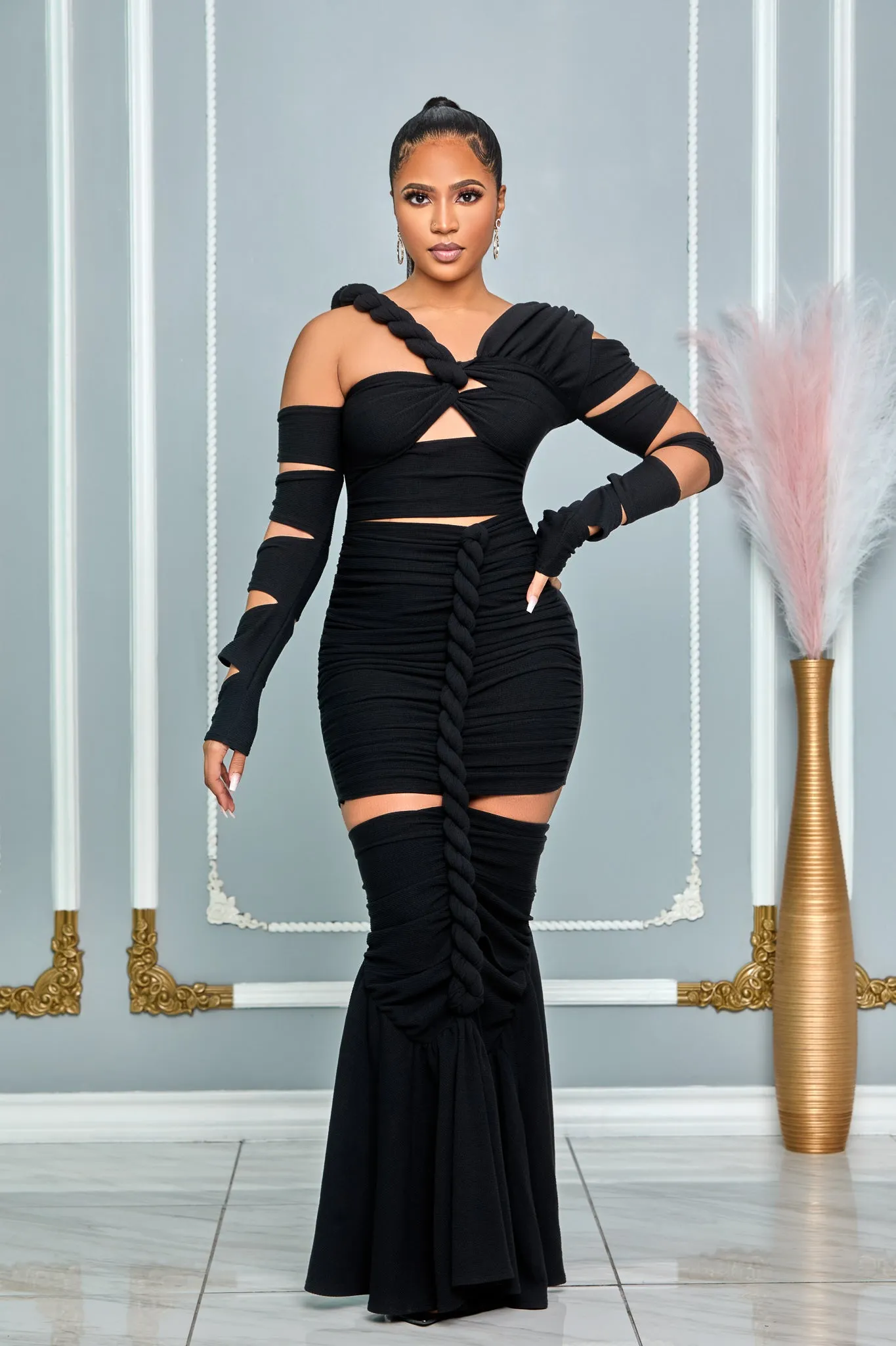 WRAP ROPE DETAIL MAXI DRESS (BLACK)